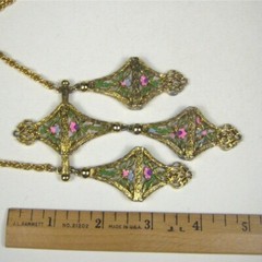 Enamel Floral Dangle Pendant Necklace 21 in Goldtone Multi Strand Chain Vintage