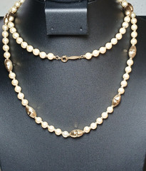 Vintage NAPIER Signed Faux Pearl Gold Tone Station Necklace Diamond Cut Beads