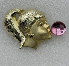 1990s AJC Bubble Gum Girl Gold Tone Brooch-Metal-Lucite