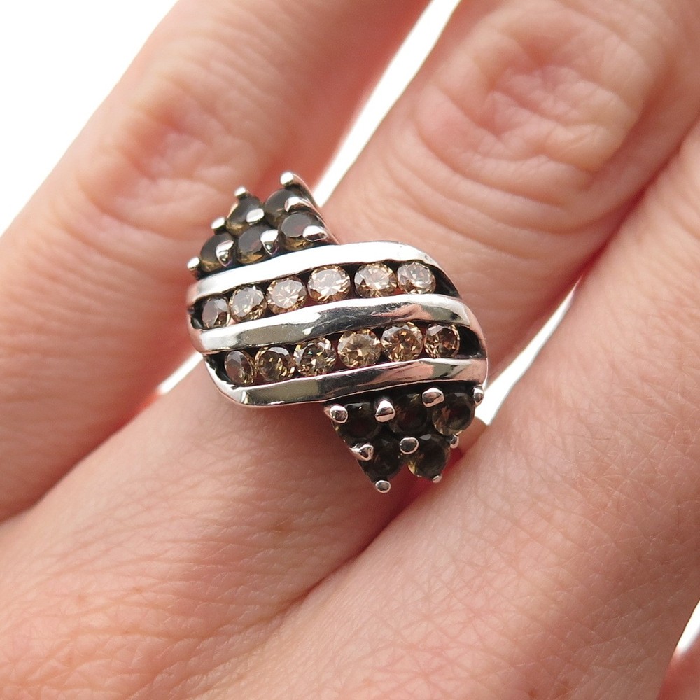 925 Sterling Silver Vintage Real Round-Cut Smoky Quartz Ring Size 6