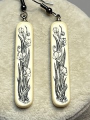 Vintage Creme Oblong Bead Pierced Earrings Black Floral Design 1.25”