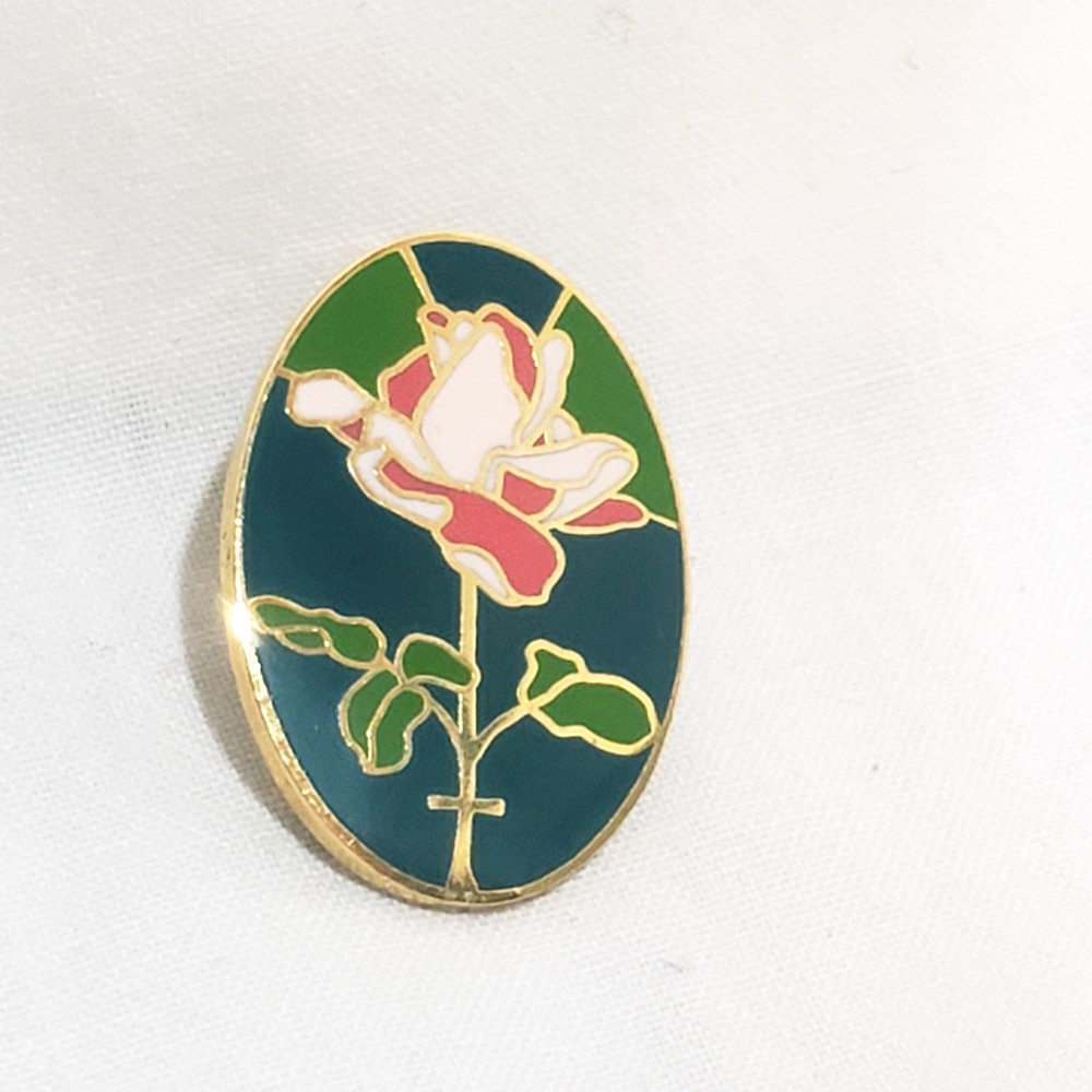 Vintage Rose Cross Mother’s Day Flower Pin 3/4″ Gold tone Pink Green Enamel
