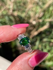 Vintage GIA 2.46ctw Natural Green Cushion Cut Tsavorite Diamond Platinum Ring