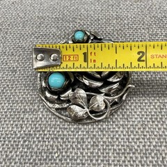 Vintage Brooch Silver Tone Flowers and Leaves Blue Stones 2 Inches