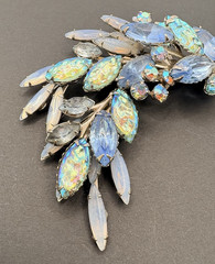 Vintage Light Blue AB Aurora Borealis Crystal Moonstone Glass Navette Brooch