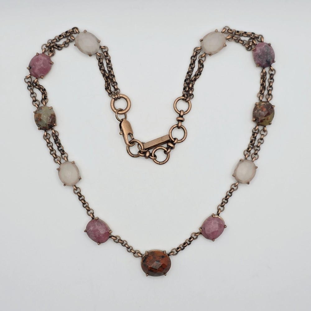 Kenneth Cole Semi Precious Gemstone Necklace Prong Set Copper Pink Green Boho