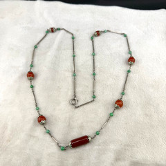 Vintage Art Deco Beaded Necklace Enamel Germany Silver Tone Red Green 30”