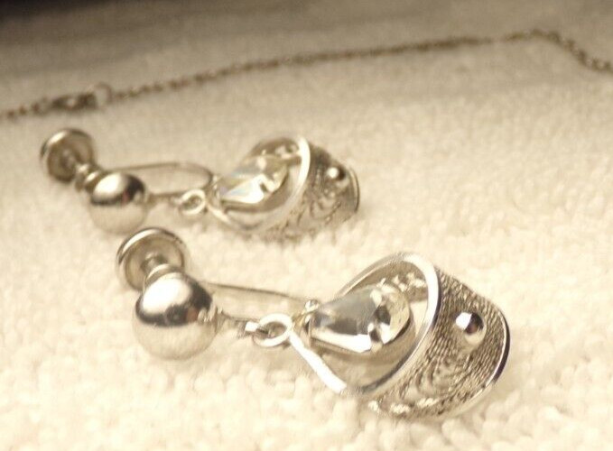 ANTIQUE SORRENTO STERLING SILVER FILIGREE DEMI PARURE CRYSTAL EARRINGS NECKLACE