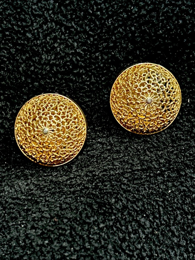 Vintage Germany Gold Foil Domed Round Screw Back Earrings Open Lattice Work
