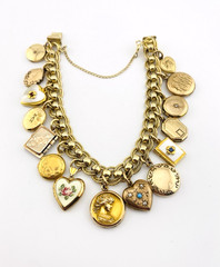 Vintage Gold Filled Locket Charm Bracelet 14 Lockets 1 Fob Hearts Book Enamel