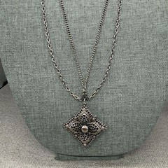 Vintage Celebrity Necklace Filigree Silver Tone Pendant Double Sided 31 Inches