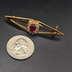 Red Rhinestone Art Deco Brooch Gold Tone Vintage Costume Jewelry
