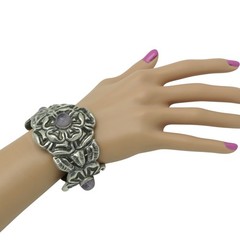1930’s Wide Mexico City Amethyst Repoussé Sterling Silver Floral Bracelet