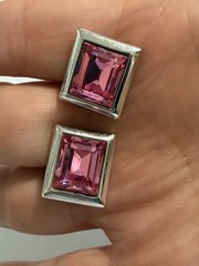 Vintage SAL Swarovski Pink Crystal Clip Earrings Emerald Cut Silver Tone Stamped