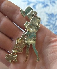 Vintage AJC Woman Shopper With Bags & Dog Gold Tone Pin Brooch