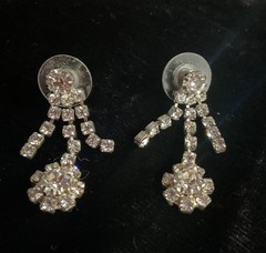 Sparkly Vintage Silver Tone Clear Rhinestone Dangle Pierced Earrings set Of 2