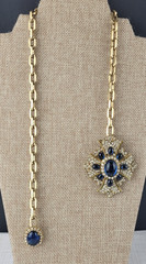 Maltese Cross Blue Cabochon Rhinestone Regal Mogul Double Brooch with Chain RARE
