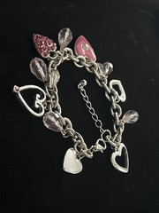 Vintage Silver Tone Heart Charm Bracelet Pink Rhinestone Dangle Lobster 8.5”Adj