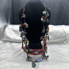 Vtg Indian Glass Beads Stone Nuggets and Seven Puffed Animals Cord Necklace.Read