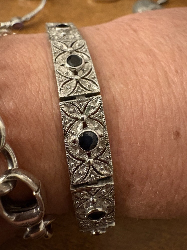VINTAGE DBJ Signed STERLING & Sapphire Art Deco Style BRACELET! 7 Inch 9mm Wide