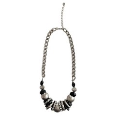 Natori Statement Necklace Silver Rhinestone Large Metal Beaded Chain