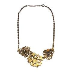 Victorian Revival Faux Fire Opal Pearl Necklace Antique Style Gold Tone Statemen