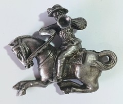Vintage Pewter? Brooch: Medieval Soldier Blowing Horn on Galloping Horse