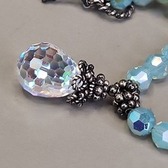 Glass Beaded Necklace Blue Opalite Crystal Teardrop Dangle Sterling Silver 16″