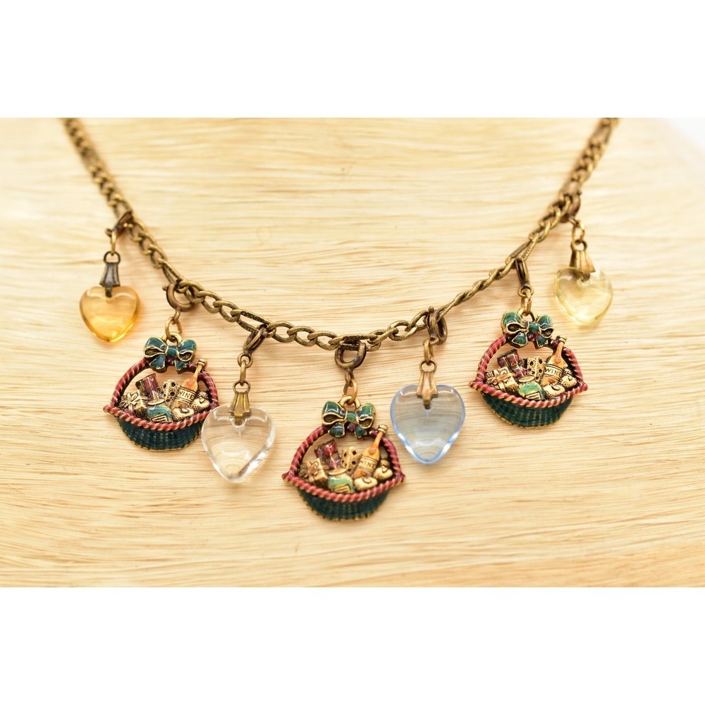 Anna Koplik Vintage Charm Necklace Collar Picnic Basket Wine Heart Signed BinBL