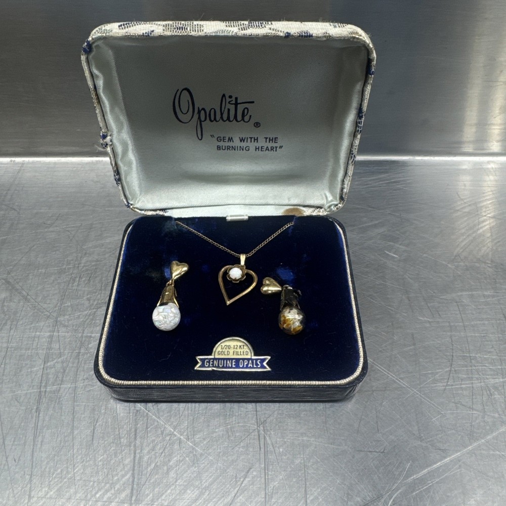 Vintage Opalite Floating Opal Earrings Screw Back Pendant Set, Floral Drops