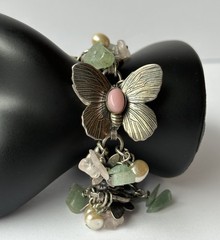 Mary DeMarco Bracelet Butterfly Opaline Glass Rhinestone Vintage Silver Tone Y2K