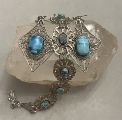 Vintage Egyptian Revival Turquoise Scarab Silver Filigree Bracelet/Earrings Set