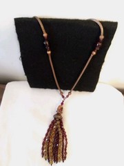 Vintage Dark Rose Gold Tone Metal Necklace w/Wine & Gold Resin Bead Tassel