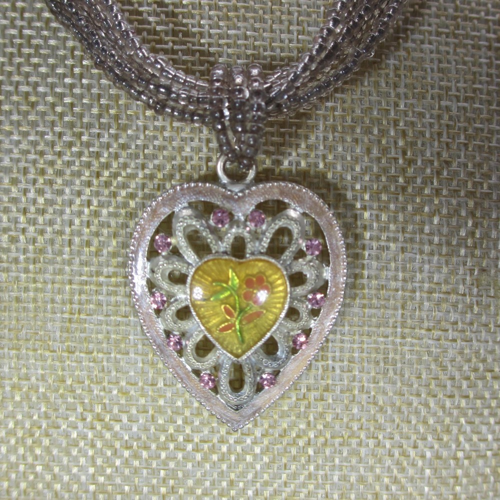 Heart Necklace Pendant Enamel Rhinestone Glass Seed Bead Multistrand 1928 18″
