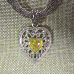 Heart Necklace Pendant Enamel Rhinestone Glass Seed Bead Multistrand 1928 18″