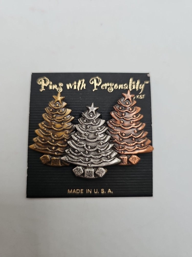 Vintage New Christmas Tree Brooch Multi Colored Silver Gold Copper Made USA