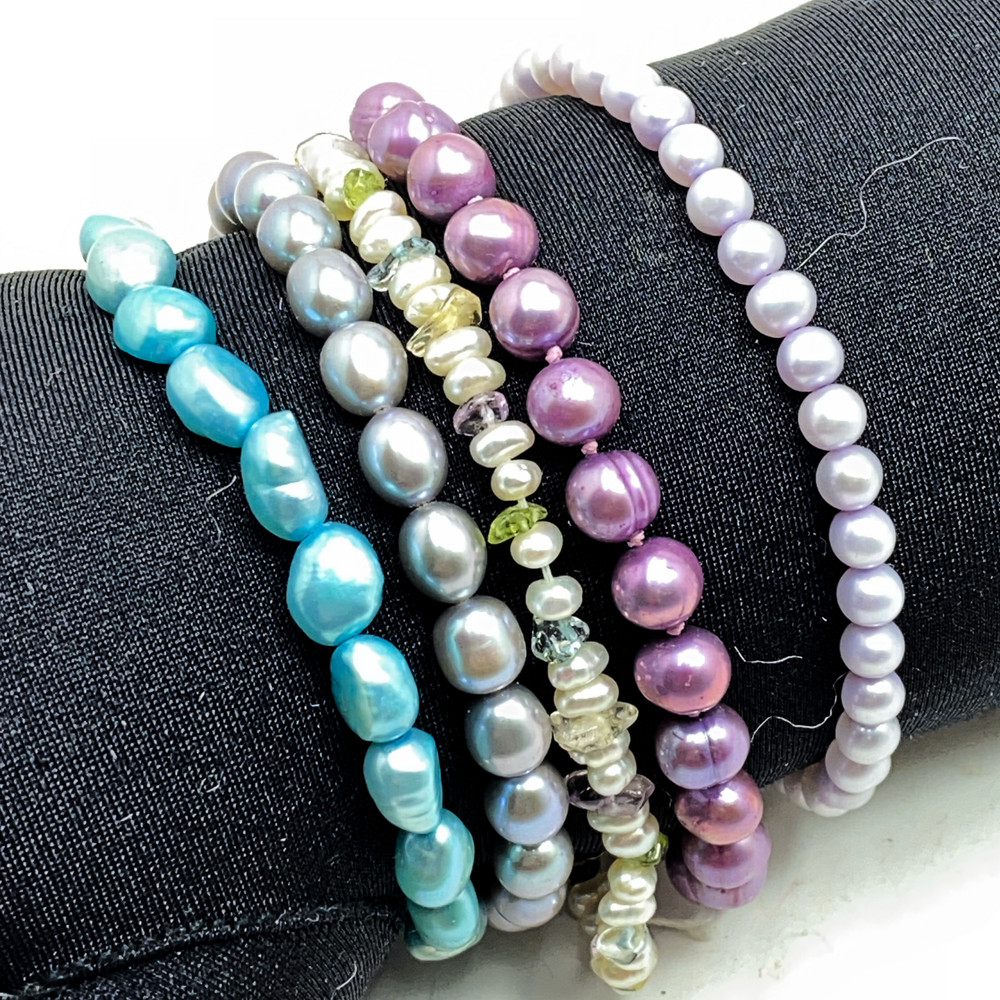 Freshwater Pearl Bracelet 5 Lot Blue Purple Lavender Stretch