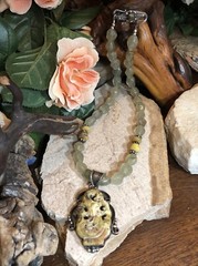 24. Vintage 925 Sterling Faceted Prehnite Beads Carved stone Pendant Necklace