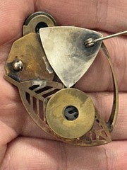 Signed Art Craft Modern Mixed Metal Brooch With Gemstone 1 3/4″