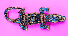 Gold Tone Blue & Pink Rhinestones Alligator Brooch Contemporary
