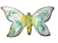 VINTAGE MID CENTURY WHITE BLUE GREEN YELLOW BUTTERFLY PIN COPPER ENAMEL ARTSY