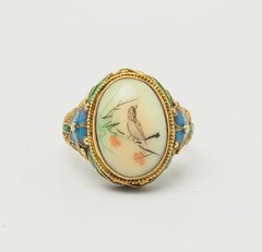 Vintage gilt silver enamel etched Bird motif adjustable open band ring China