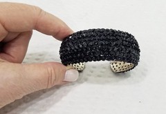 Vintage Circa 1990s Black Sequined Silver Tone Oval Domed Cuff Bracelet
