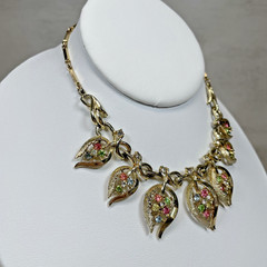 Vintage Gold Tone Multi Color Pastel Rhinestone Leaf Collar Choker Necklace 1950