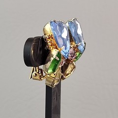 Vintage Rhinestone Clip On Earrings Blue Shield Multicolor Climber Gold Tone