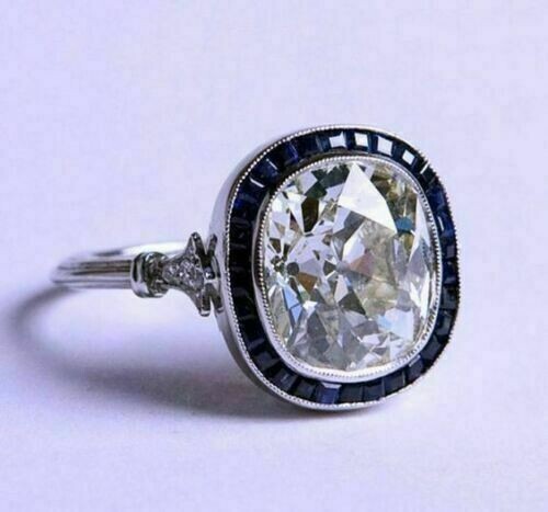Art Deco Cushion Lab Created Diamond &Sapphire Wedding 14K WhiteGold Filled Ring