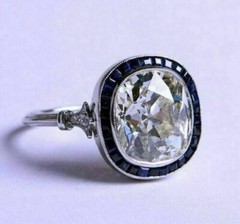 Art Deco Cushion Lab Created Diamond &Sapphire Wedding 14K WhiteGold Filled Ring