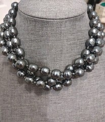 Carol Lee Dark Grey Individually Knotted Baroque Pearl Three Row Necklace 17 In