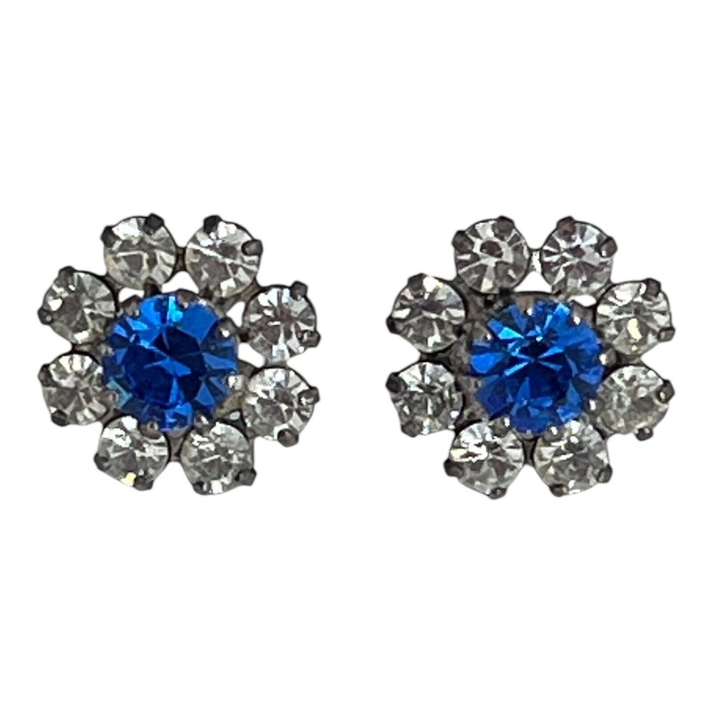 Vintage 1960s Rhinestone Stud Earrings Blue Crystal Silver Tone – 5M
