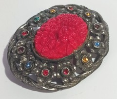 Vintage Dark Silver-tone Open Oval Brooch w/ Carved Glass? Floral Centerpiece